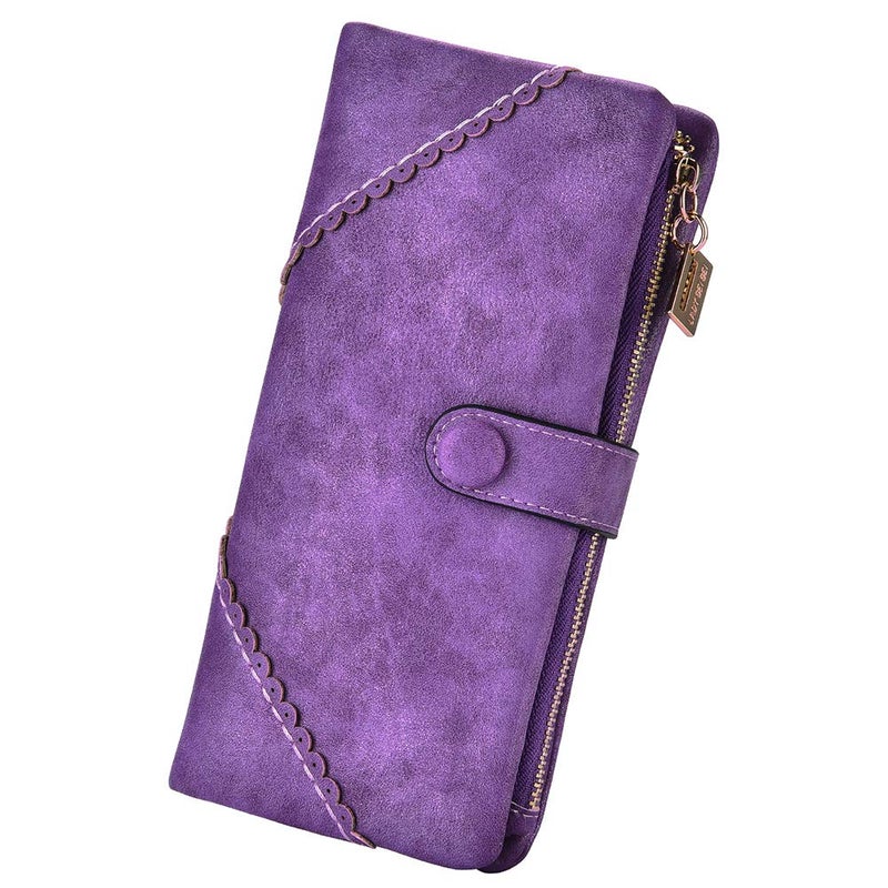Bird&Fish Women Vegan Leather Wallet Bifold Clutch Large Capacity Card Organizer Buckle Long Purse for Girls Candy Color (Purple) â€¦ - Image 1